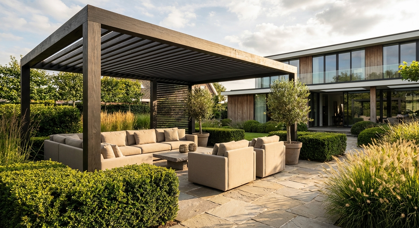 Luxe loungehoek in een exclusieve tuin — premium outdoor living