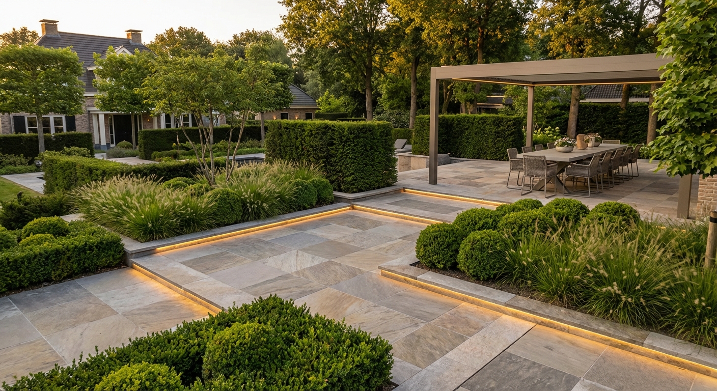 Premium terrasontwerp met natuursteen — exclusieve tuinaanleg