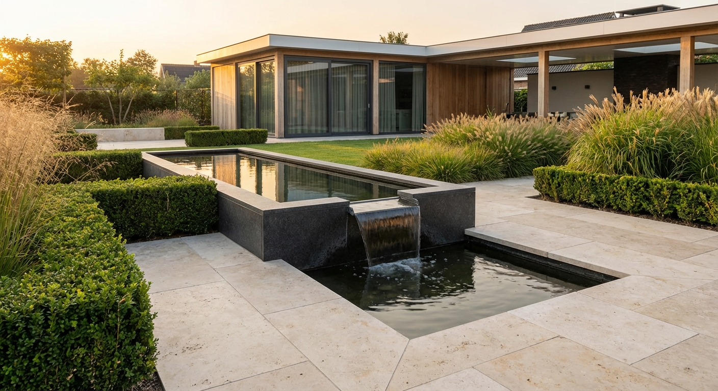 Moderne waterpartij in luxe tuin — exclusief tuinontwerp